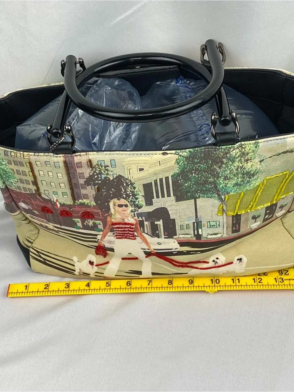 Women's Bueno Large Satchel Luxury Downtown Beaded Dog Walking Scene Size NWOT